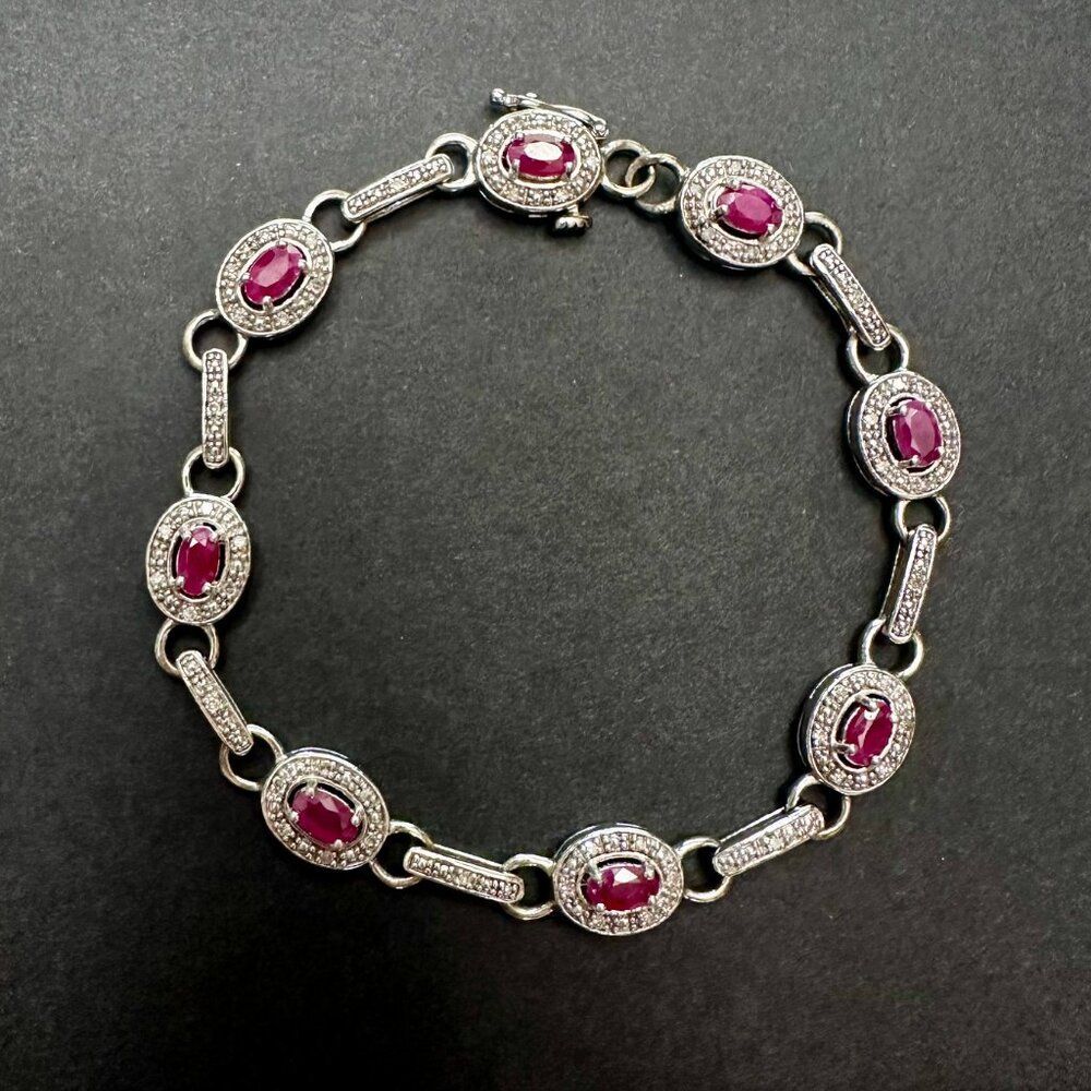 Vintage Art Deco Style Silver Bracelet with Red Stones